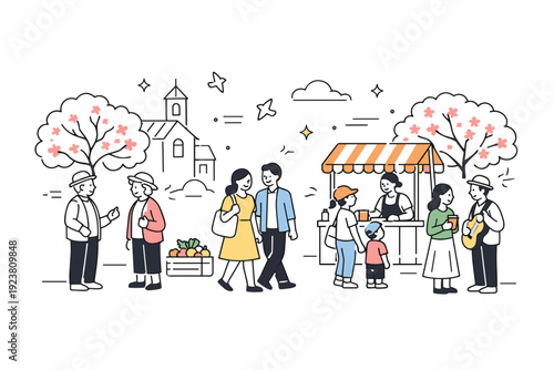 Local cultural experiences in spring settings. People stroll through a small town square with blooming trees, chatting near local stalls. The scene captures
