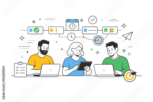 Task tracking and deadlines. Team members checking progress on laptops and tablets, abstract floating icons and lines showing timelines, dependencies, and