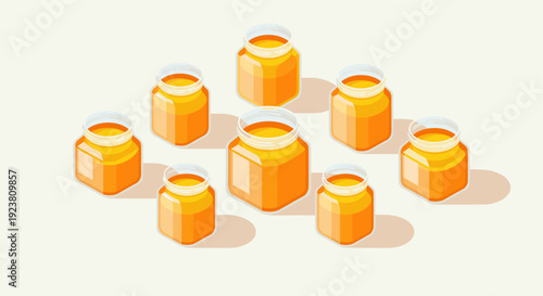 Isometric illustration of multiple jars of honey on a cream background.  Perfect for use in graphics related to food, health, beekeeping, and healthy lifestyles.