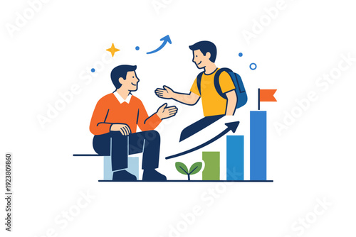Mentorship and guidance between inspiring individuals expressing long term growth and mutual respect. A clean editorial icon scene with balanced figures and