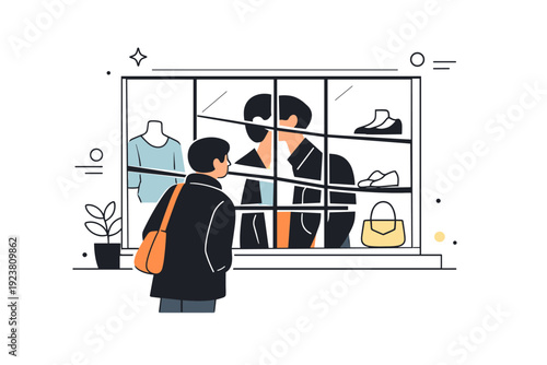 Reflections with people distorted. A person looking into a shop window, reflection fragmented by window frames and light. Everyday moment with a surreal twist,