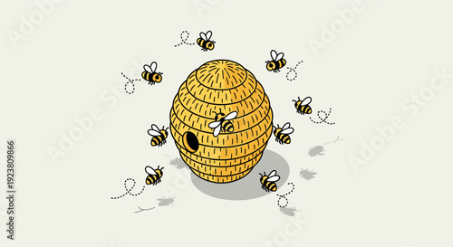 Whimsical illustration of a beehive surrounded by buzzing bees on a light background. Perfect for educational materials, nature-themed designs, or children's content.