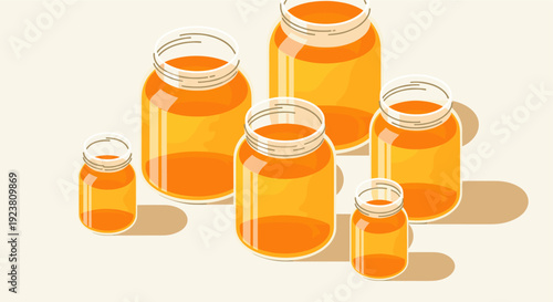 Modern illustration of assorted sizes of glass jars filled with honey. Ideal for food blog, packaging, health, or business material. Flat design, simple shapes, and pastel tones.