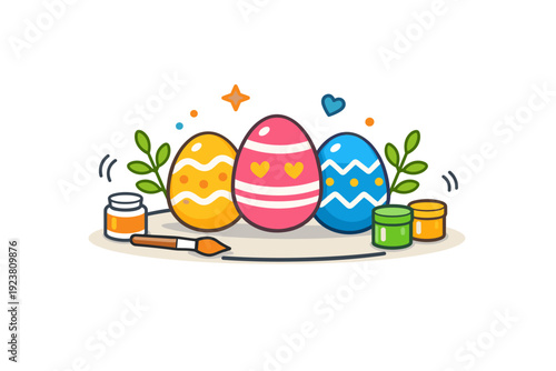 Easter eggs decoration a simple tabletop scene with decorated eggs, light greenery, and subtle motion accents conveying seasonal creativity.