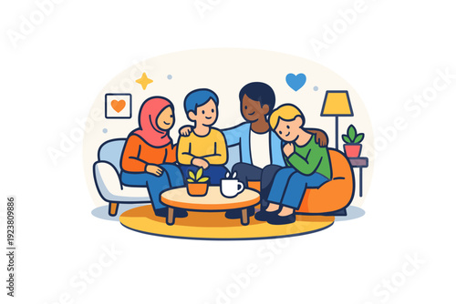 Inclusive spaces expressing emotional safety and comfort in shared interiors. A soft badge-style scene with seating elements, diverse figures and gentle