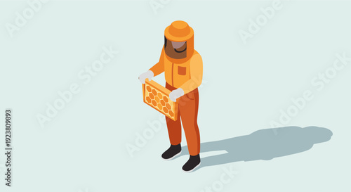Isometric illustration of a beekeeper in a full protective suit holding a honeycomb frame. Perfect for illustrating beekeeping, agriculture, food production, or environmental topics.