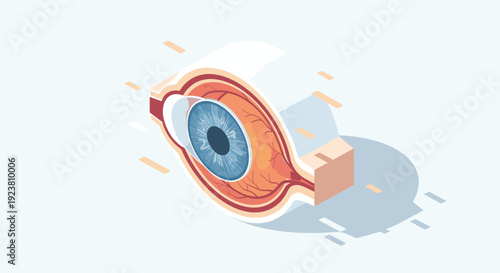 Isometric diagram of a human eye anatomy. Can be used for educational materials, medical illustrations, presentations, or website graphics related to ophthalmology.