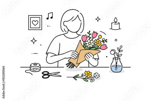 Flowers bought for oneself. Someone placing fresh flowers into a simple paper wrap at home, no one else present. A calm ritual of choosing beauty for personal