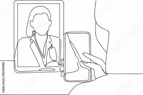 Line art illustration of a woman video calling on a smartphone
