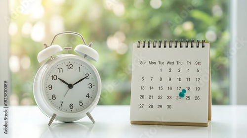 White alarm clock and calendar with pin on desk, time management concept