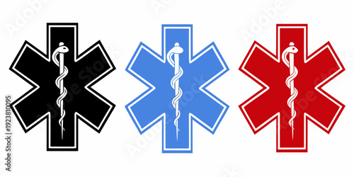 Three star of life symbols in black blue and red colors
