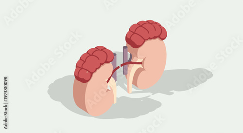 Illustration of kidneys with arteries on a light background. Useful for medical, educational, or healthcare content. Clean, minimalist style for easy integration into designs.