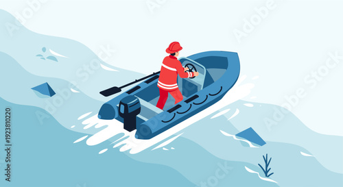 Isometric vector illustration of a rescuer in a blue inflatable boat. Ideal for safety campaigns, emergency services, marine rescue and nautical themes, disaster response, and water safety.