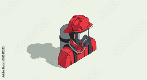 Stylized isometric illustration showing a firefighter in red gear, helmet, and mask, isolated on a light background, showcasing readiness and protective wear.
