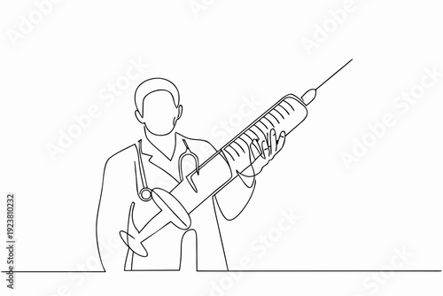One continuous line drawing of a doctor holding a large syringe