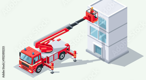 Isometric vector illustration of a fire truck with a firefighter in a platform extended to a building. Use for emergency services or urban safety.
