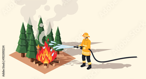 Isometric illustration of a firefighter spraying water on a forest fire. Depicts a forest fire response with firefighter, trees, smoke. For safety, emergency, and disaster preparedness content.