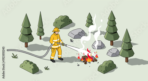 Cartoon illustration of a firefighter putting out a campfire with a hose in a stylized forest. Ideal for safety education, environmental awareness campaigns.