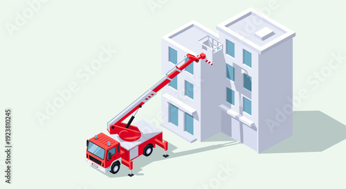 Isometric vector illustration of a firetruck with extended ladder approaching a building. Good for safety brochures, educational material for kids, or urban planning projects.