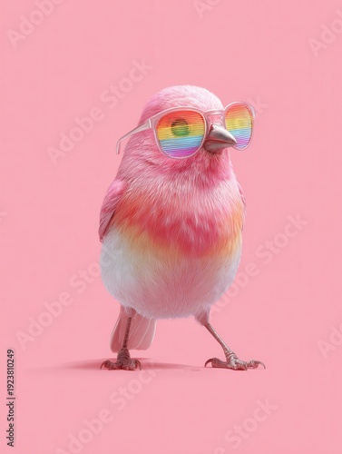 Stylish pink bird wearing rainbow sunglasses on a pastel background