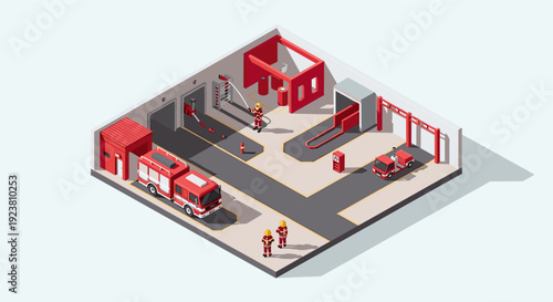 Isometric illustration of a fire station with firefighters practicing drills and fire trucks. Red and grey tones. Suitable for educational or safety awareness campaigns.