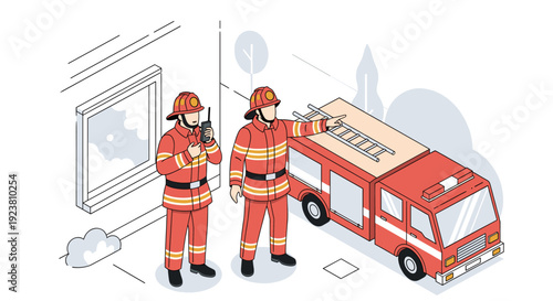 Two cartoon firefighters in red uniforms, one using a radio, stand near their fire truck inspecting the ladder in an isometric scene, for safety and preparation.