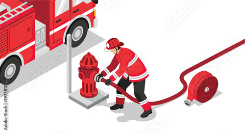 Isometric illustration of a firefighter connecting a red hose to a fire hydrant, next to a firetruck. Useful for safety, education, or community awareness campaigns.