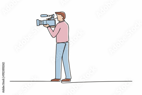 Line art illustration of a man operating a professional video camera