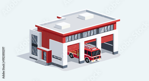 A modern fire station building with a fire engine, shown in isometric vector style. Suitable for educational materials, infographics, or urban planning designs.
