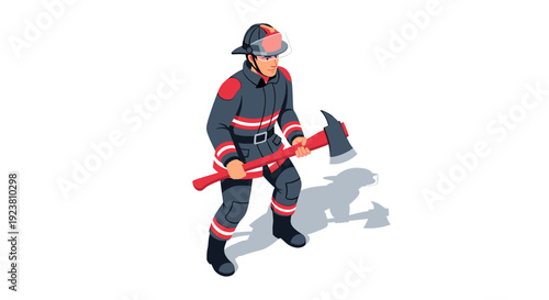 Isometric illustration of a firefighter in uniform holding an axe, isolated on a white background. Suitable for safety awareness, emergency response, or occupational health projects.