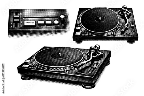 Analog DJ turntable An analog DJ turntable shown in three views focusing on physical controls, platter surface texture, and solid base