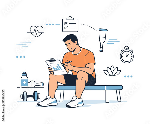 Fitness trainer reviewing progress charts and health icons, symbolizing wellness and recovery