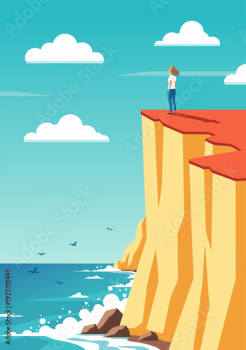 Vector Illustration of a Contemplative Person Standing on a Cliff Overlooking a Deep Blue Ocean with Tranquil Waves and Cloudy Sky