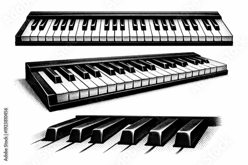 Piano keys represented as a realistic keybed section presented in horizontal view, angled three-quarter view, and tight detail view of black