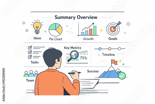 Minimalist Analytical Infographic. Infographic and conceptual visuals. A person reviewing a visual summary with charts, symbols, and short labels arranged
