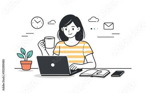 Young woman working on laptop with coffee and plant, modern minimalist illustration