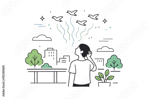 Bird sounds noticeable again. Rooftop view with birds flying lightly above buildings, a figure below noticing the sound rather than the