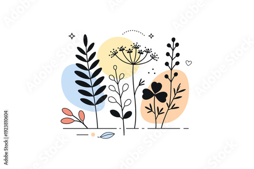 Pressed plants compositions. Abstract arrangement of botanical silhouettes layered gently, calm rhythm expressing balance between nature and