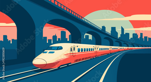 Vector illustration of a red white train moving through an elevated urban skyline at golden hour against a vibrant orange red sky