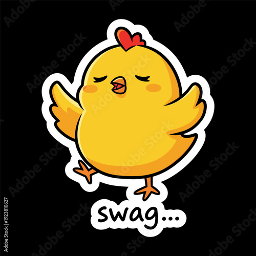 Cartoon yellow chick with swag attitude standing confidently on one leg against black background with text bubble