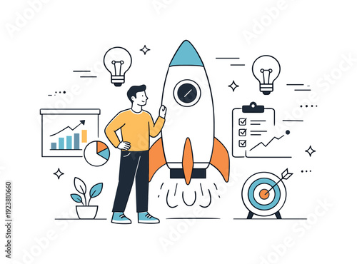 Man standing next to a rocket ship with business growth charts and lightbulbs symbolizing ideas