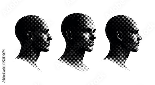 Three profile views of a bald head rendered in halftone dot pattern, black and white