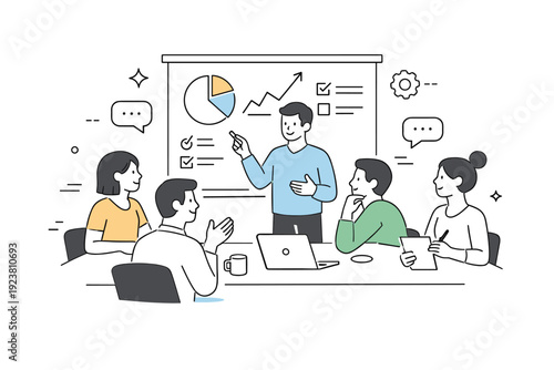 Team leadership and collaboration. A leader facilitating discussion around a board with simple charts and symbols. Calm cooperation and