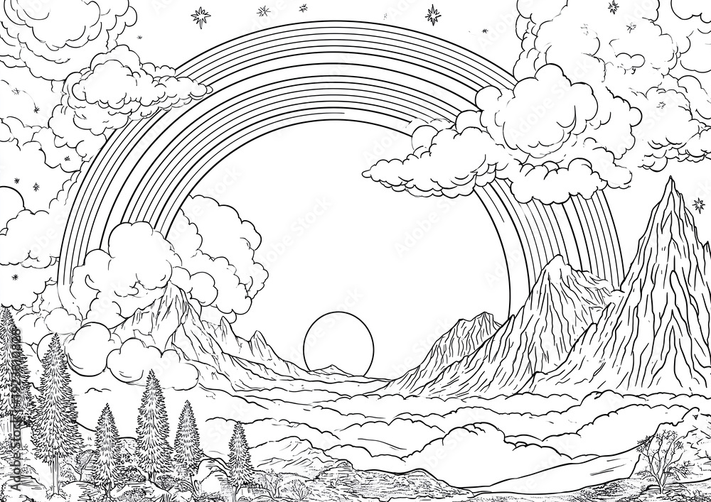 Obraz premium Hand Drawn Rainbow Landscape with Mountains and Clouds – Coloring Page