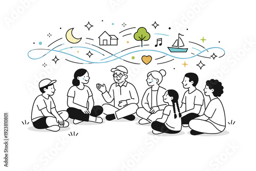 Community storytelling circle. Residents sitting in a park sharing local memories, floating abstract stars and lines representing spoken stories, culture, and