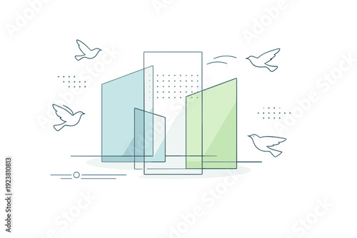 Urban bird-safe glass abstract concept. An abstract layout with overlapping glass panes, dotted patterns, and bird silhouettes flying safely around,