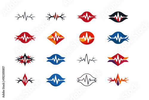 Nerve pain concept. Icon set. Set Logo of nerve pain concept: pain pulse wave. harmonious logo variations of the same emblematic concept, each with different
