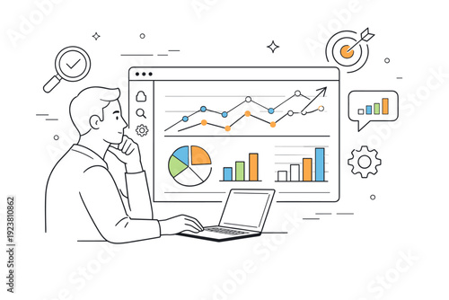 Web platform analytics. A person reviewing charts and graphs on a web dashboard, representing data analysis and insights. Focused