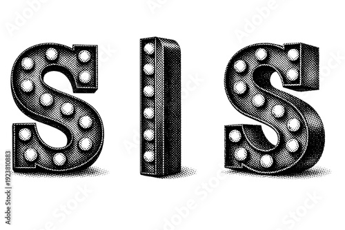Theatre marquee letter capital letter S marquee sign shown as a single object from three different angles: front view, side view, and three-quarter view. Black