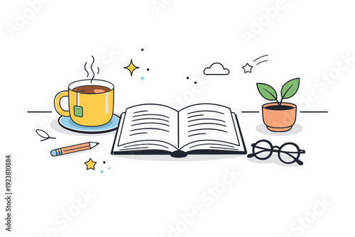 Time without plans. A table with tea, an open book, and no visible clock or calendar nearby. Unrushed atmosphere and self-directed time.